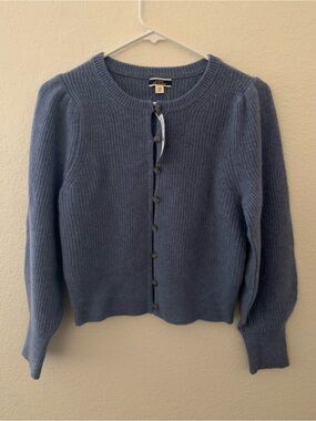 NWT J.Crew 100% Cashmere Puff-Sleeve Cardigan Sweater Cornflower Blue XS